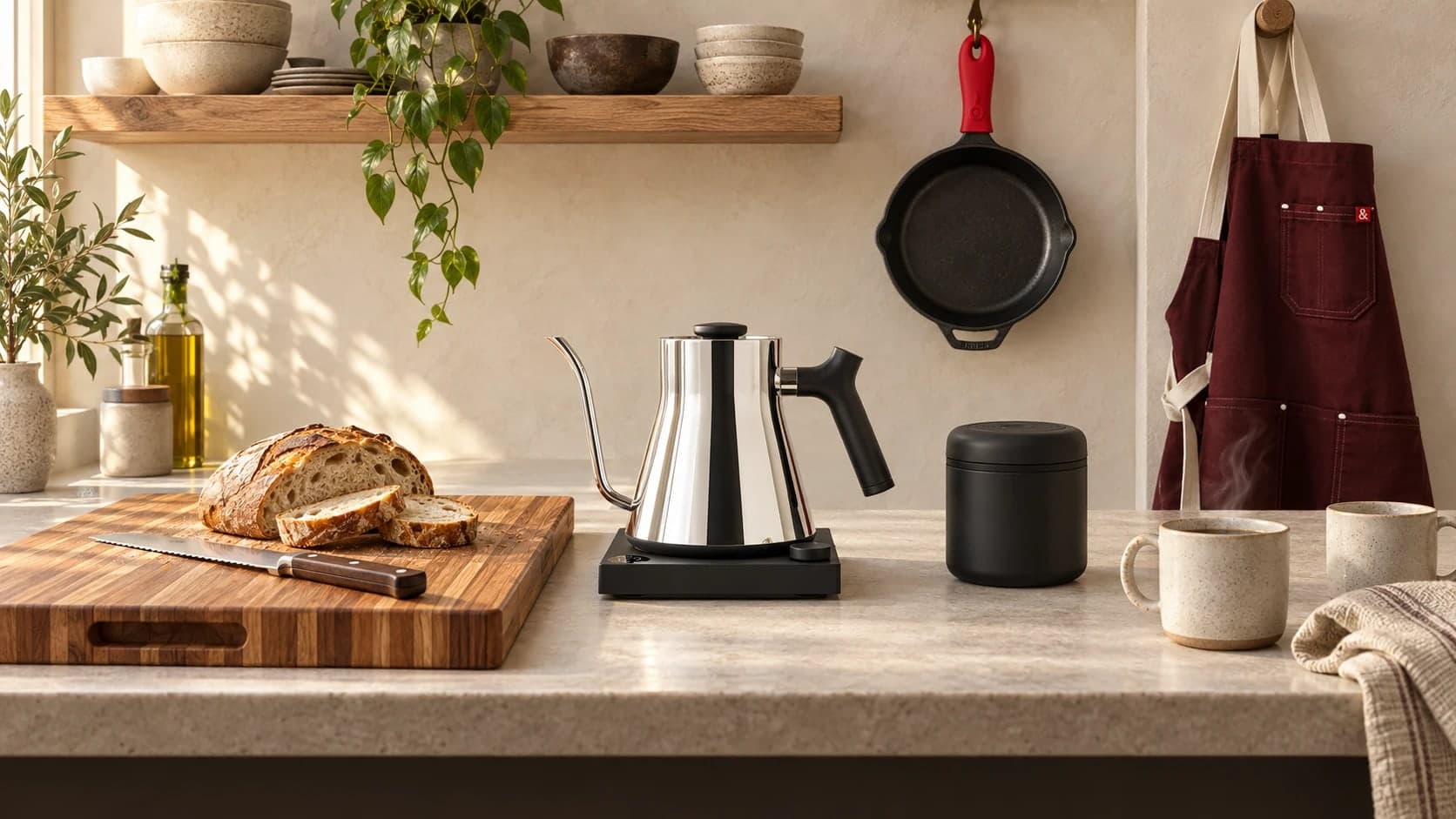 A polished steel gooseneck kettle on a stone counter beside a teak board with sliced bread, a black coffee canister, and two stoneware mugs; a cast iron skillet and a red apron hang behind.