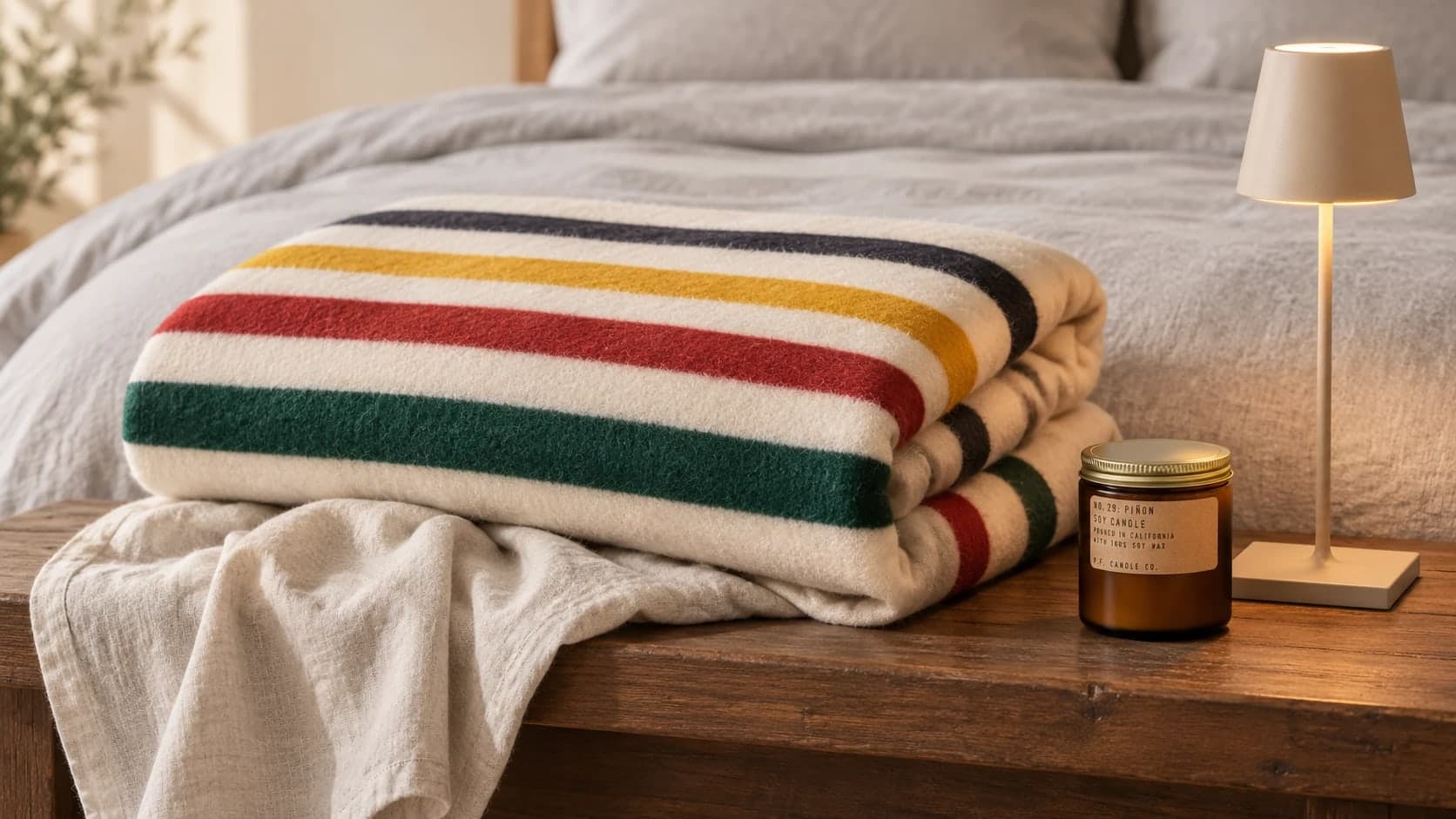 A folded striped wool blanket on a wooden bench at the foot of a bed, a linen sheet spilling beneath it, an amber candle jar and a small cordless lamp beside.