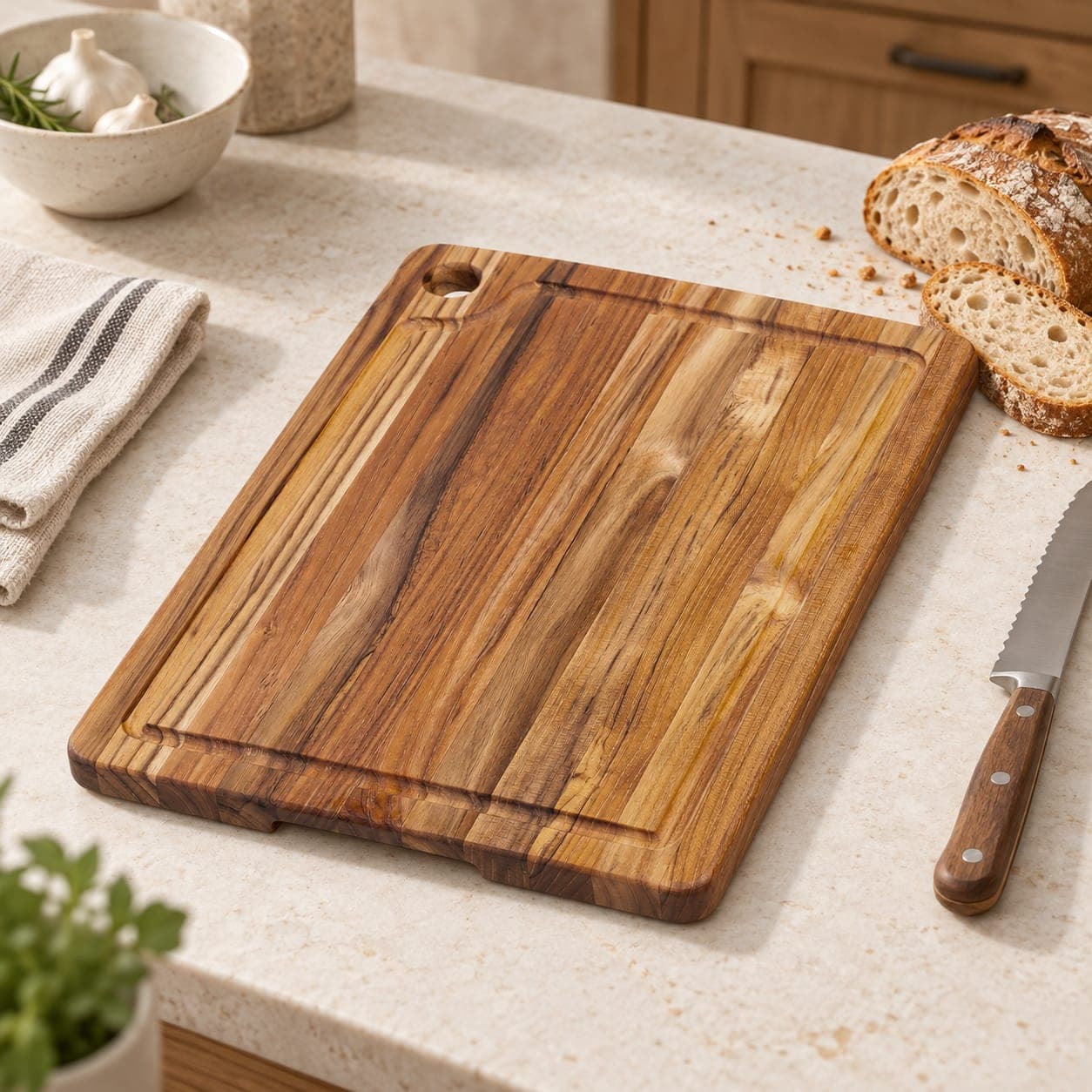 Edge Grain Teak Cutting Board with Juice Groove, view 2