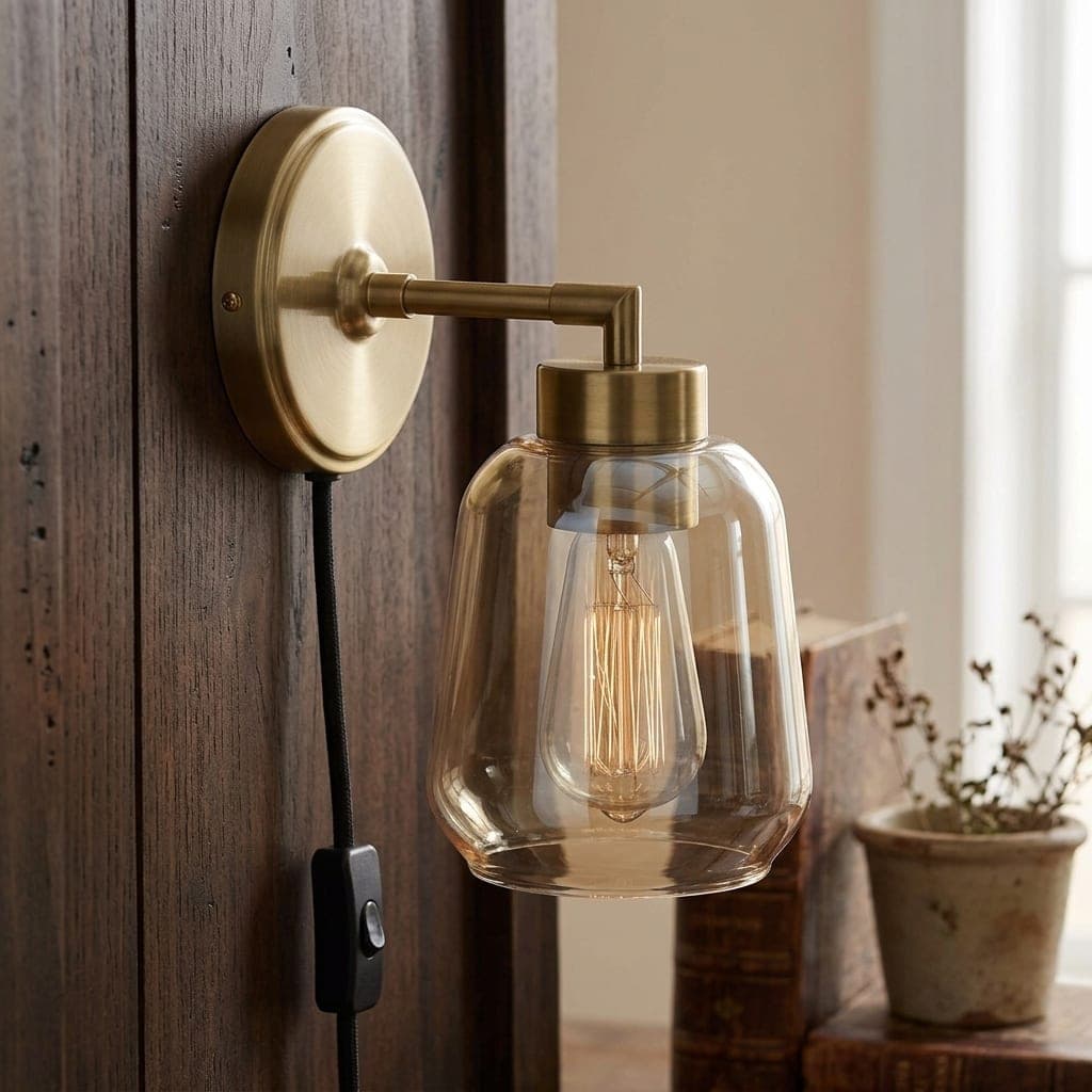 Salma 1-Light Plug-In Sconce Matte Brass Smoked Amber Glass, view 2