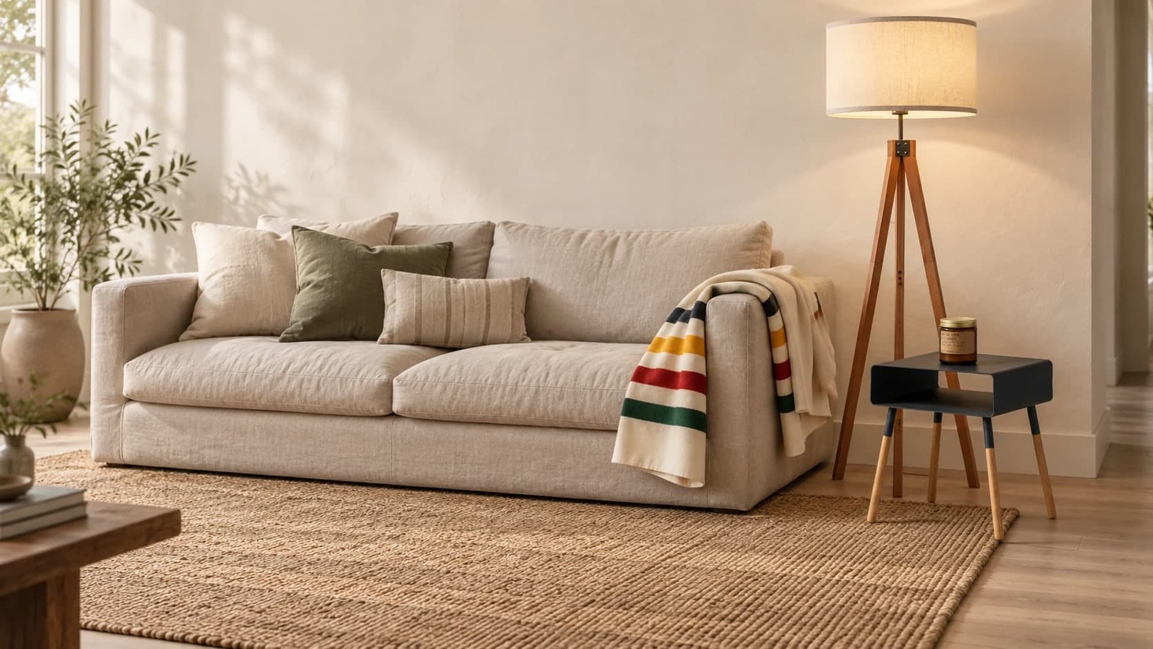 A linen sofa with a striped wool blanket over one arm, a jute rug, and a wooden tripod lamp glowing beside a small black side table.